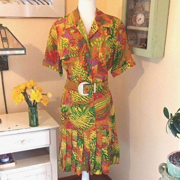 Jean-Louis Sherrer Vibrant Multicolor Dress with Belt. Vintage. Designer. Bright